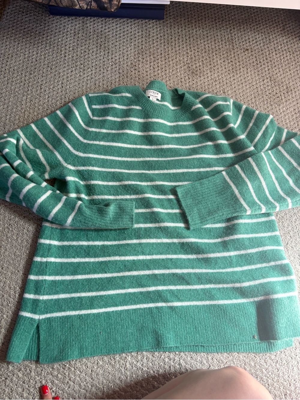 J. Crew Men’s Green and White Striped Crewneck Sweater